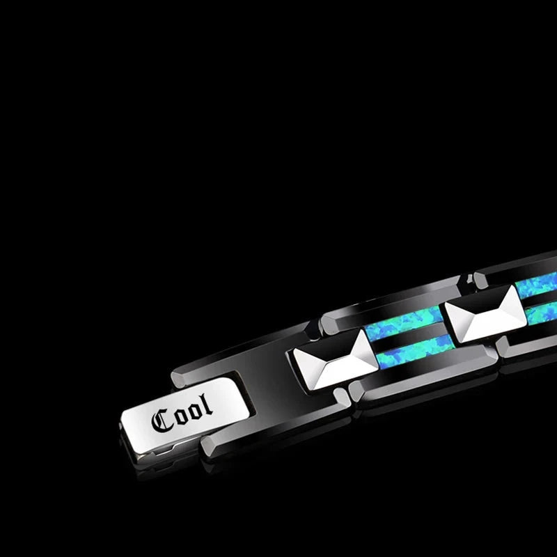"Eclipse Sky: Tungsten Silver Bracelet with Blue Opal for Men"