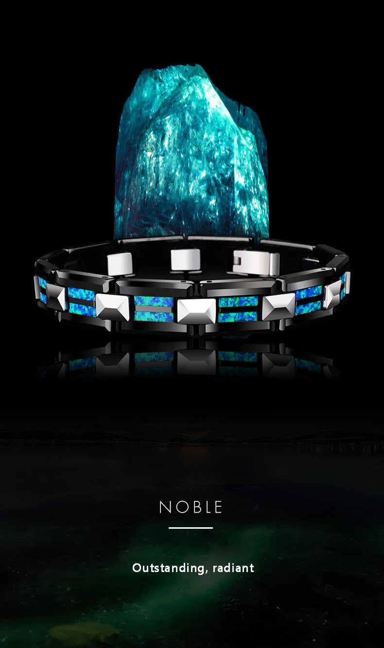 "Eclipse Sky: Tungsten Silver Bracelet with Blue Opal for Men"