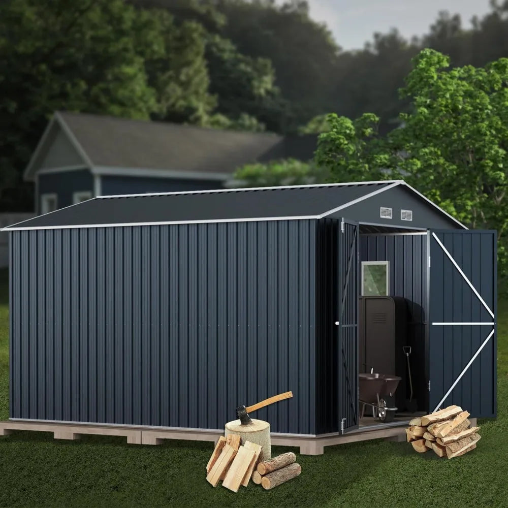 10X12FT Steel Outdoor Storage Shed with Lockable Doors – Perfect for Garden and Patio Tools