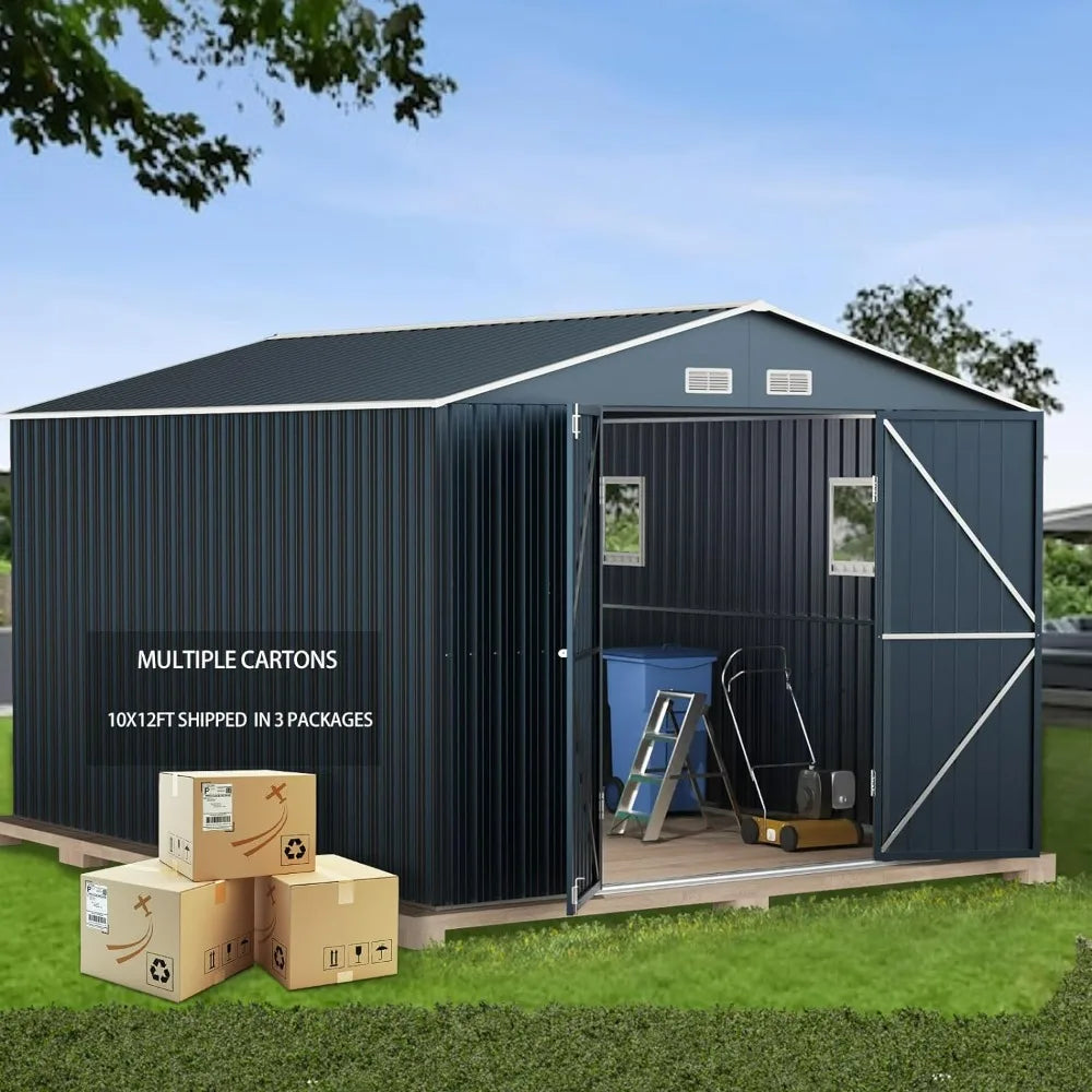 10X12FT Steel Outdoor Storage Shed with Lockable Doors – Perfect for Garden and Patio Tools