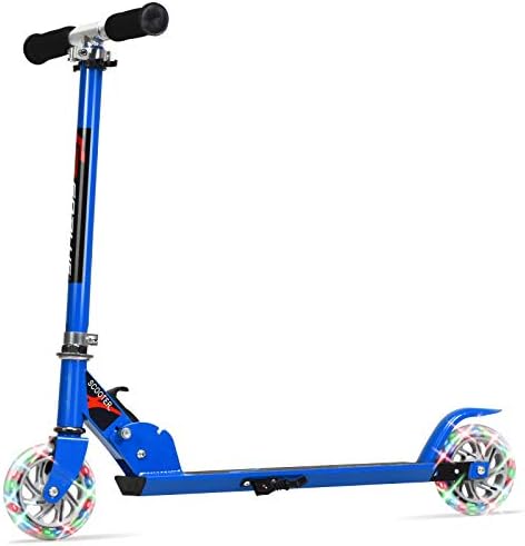 Folding Kick Scooter for Kids: two deluxe aluminum flash wheels, rear fender brake, and adjustable height. Perfect for both girls and boys!” 🛴