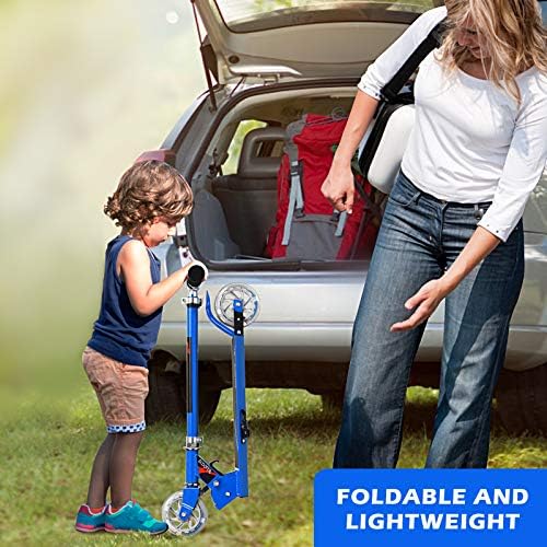 Folding Kick Scooter for Kids: two deluxe aluminum flash wheels, rear fender brake, and adjustable height. Perfect for both girls and boys!” 🛴