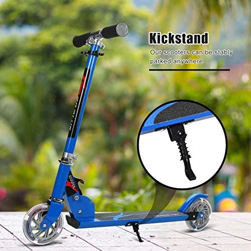 Folding Kick Scooter for Kids: two deluxe aluminum flash wheels, rear fender brake, and adjustable height. Perfect for both girls and boys!” 🛴