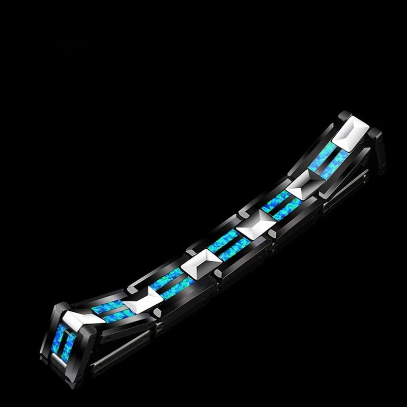 "Eclipse Sky: Tungsten Silver Bracelet with Blue Opal for Men"