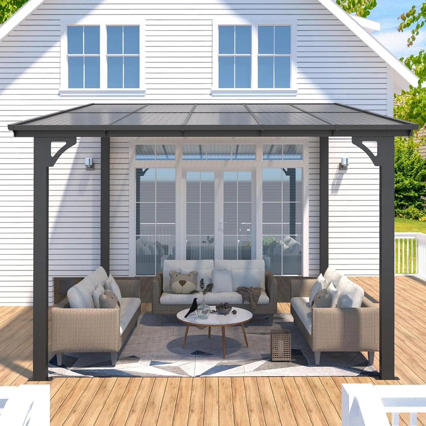 10' x 8' Wall-Mounted Lean-to Gazebo Pergola with Roof - 80 Sq. Ft. Shaded Area