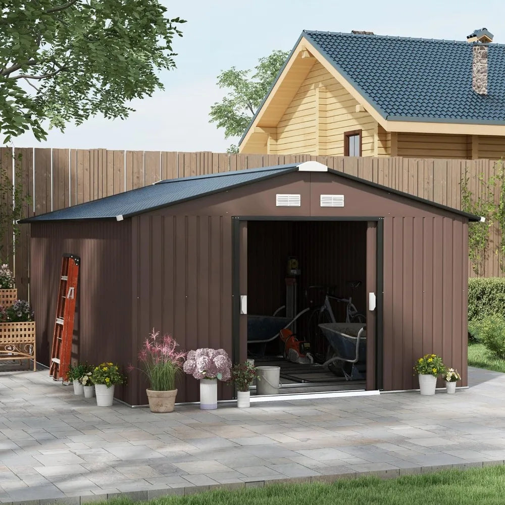 Patio and Garage Storage Shed - Garden Tool House with Foundation, 4 Vents, and 2 Sliding Doors